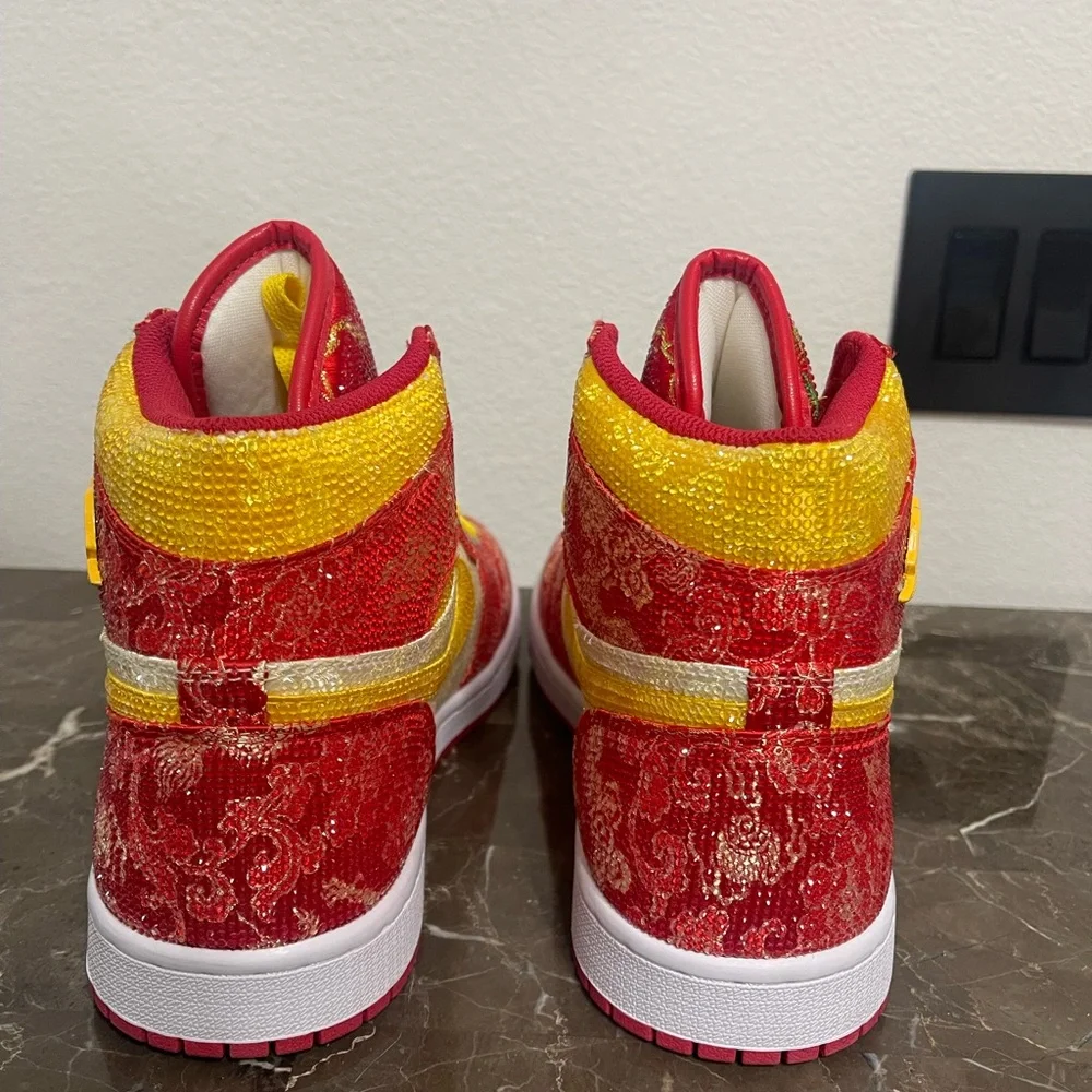 Custom Red, Yellow Rhinestone Crystal Nike Air Jordan Sneakers,Size Euro 41,